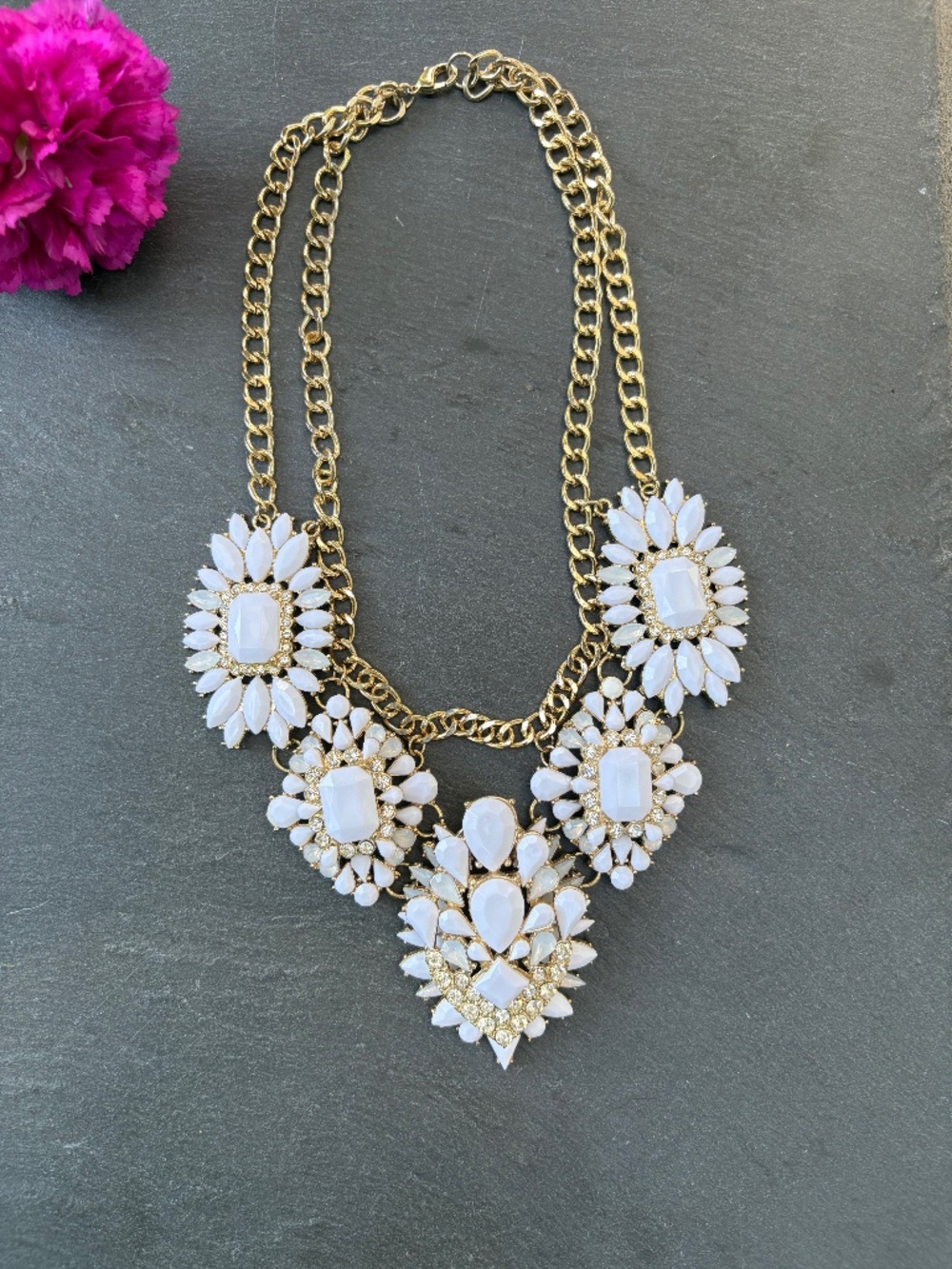 Vintage 60s Mod White Cabochon Rhinestone Cluster Bib Statement Necklace Gold